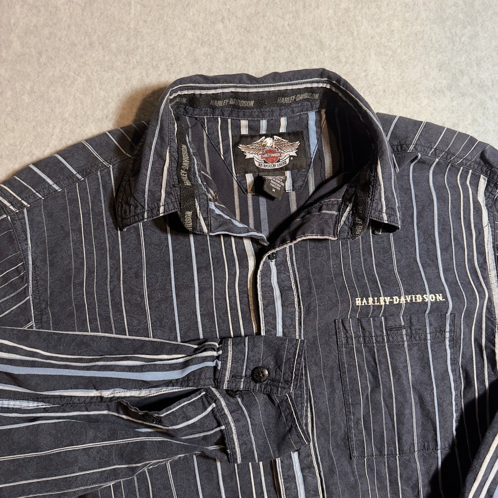 Harley Davidson Mens Navy Blue Striped Paisley Button Down Shirt Medium Biker